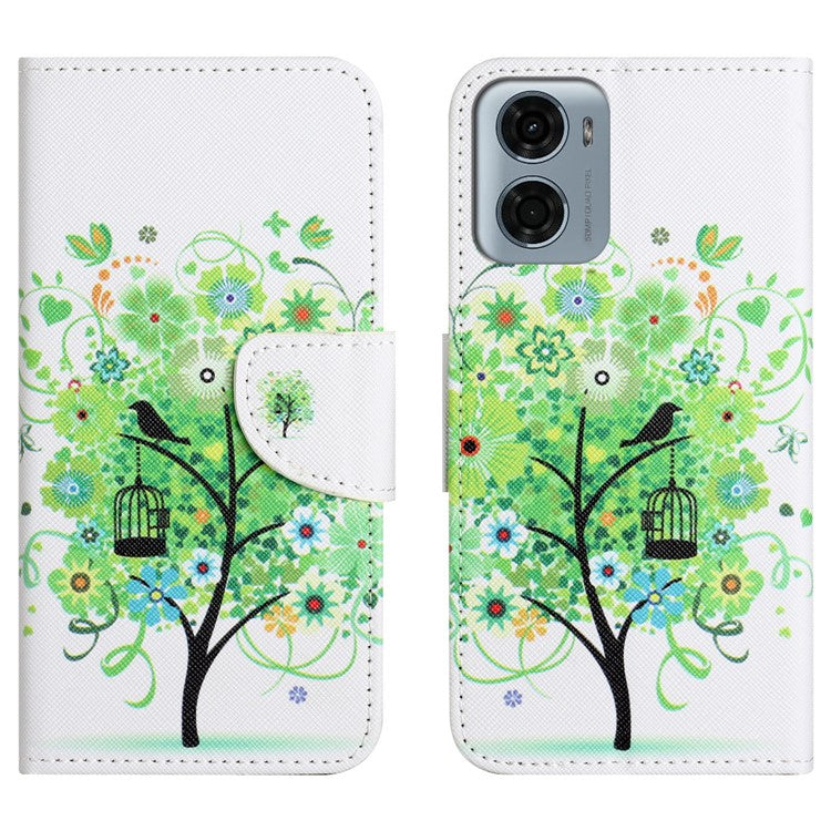 For Motorola Moto E15 4G  /  G05 4G Leather Case Pattern Printing Cross Texture Phone Cover - Green Tree