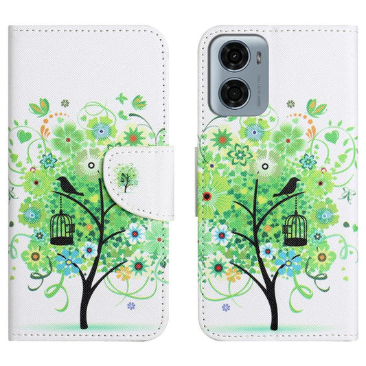 For Motorola Moto E15 4G  /  G05 4G Leather Case Pattern Printing Cross Texture Phone Cover - Green Tree
