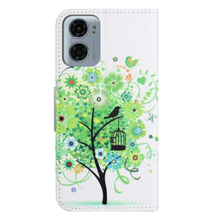 For Motorola Moto E15 4G  /  G05 4G Leather Case Pattern Printing Cross Texture Phone Cover - Green Tree