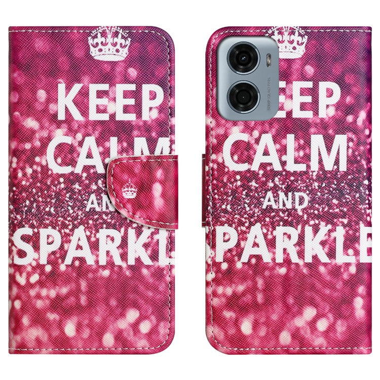 For Motorola Moto E15 4G  /  G05 4G Leather Case Pattern Printing Cross Texture Phone Cover - Keep Calm and Sparkle