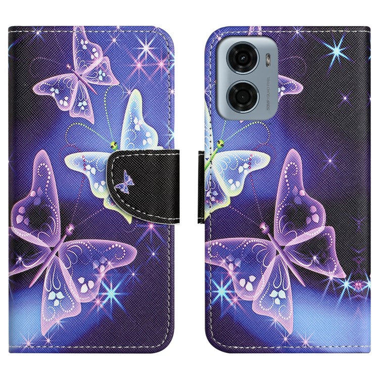 For Motorola Moto E15 4G  /  G05 4G Leather Case Pattern Printing Cross Texture Phone Cover - Sparkling Butterfly