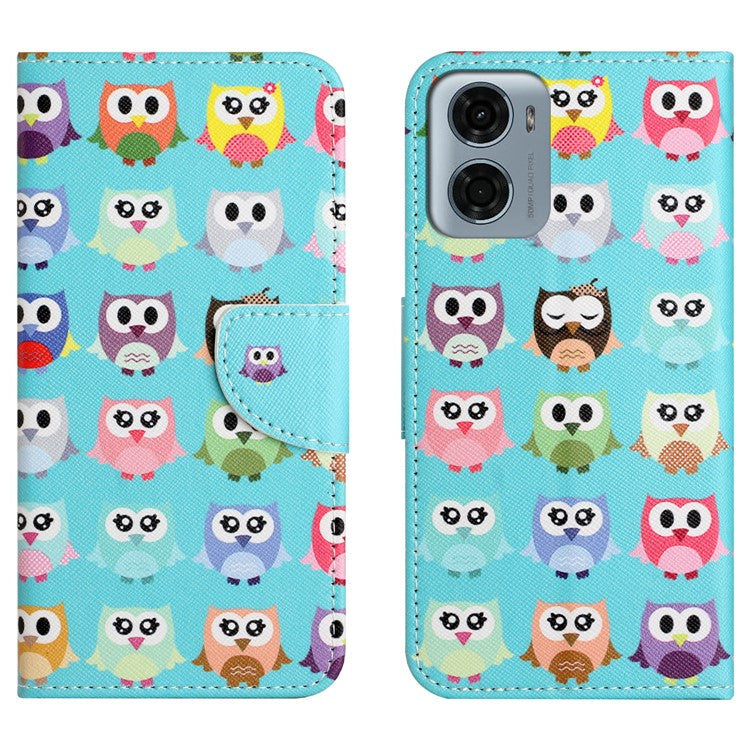 For Motorola Moto E15 4G  /  G05 4G Leather Case Pattern Printing Cross Texture Phone Cover - Owls