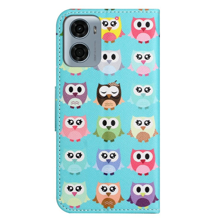 For Motorola Moto E15 4G  /  G05 4G Leather Case Pattern Printing Cross Texture Phone Cover - Owls