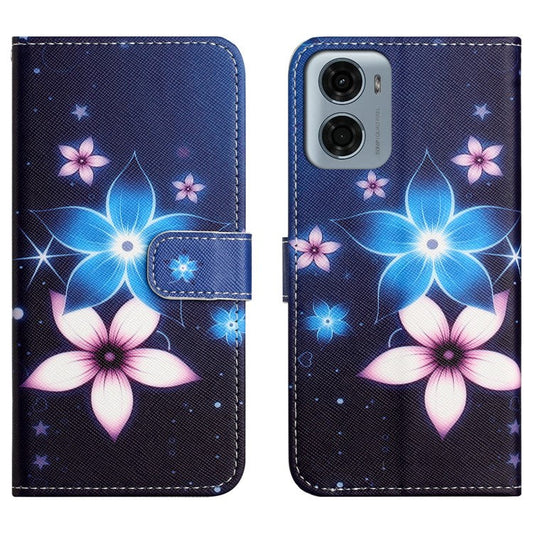 For Motorola Moto E15 4G  /  G05 4G Case Pattern Print PU Leather Wallet Phone Cover Cross Texture - Blue Flower