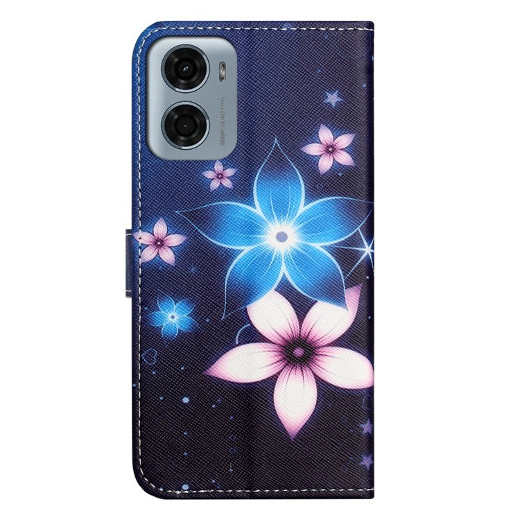 For Motorola Moto E15 4G  /  G05 4G Case Pattern Print PU Leather Wallet Phone Cover Cross Texture - Blue Flower