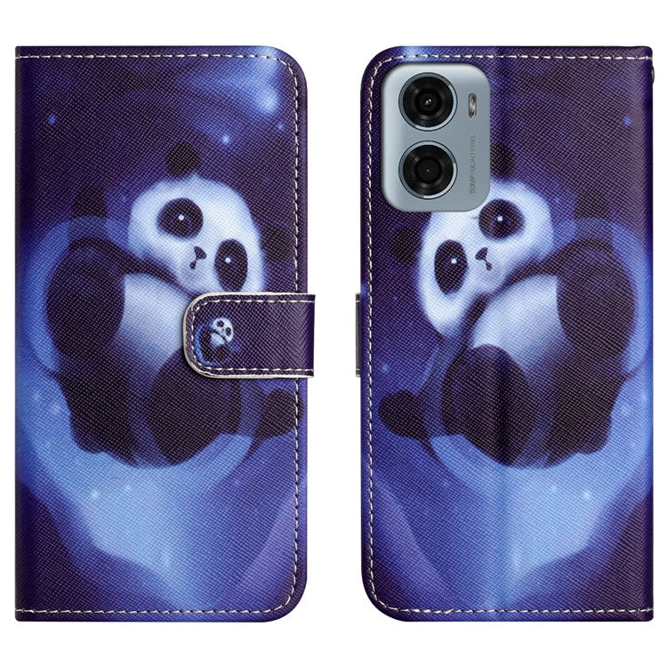 For Motorola Moto E15 4G  /  G05 4G Case Pattern Print PU Leather Wallet Phone Cover Cross Texture - Panda