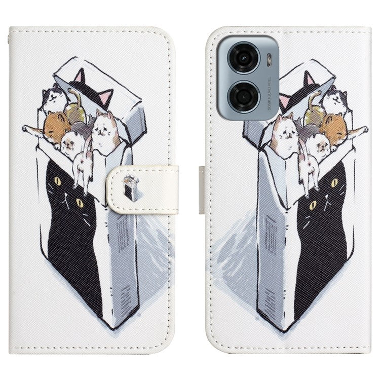 For Motorola Moto E15 4G  /  G05 4G Case Pattern Print PU Leather Wallet Phone Cover Cross Texture - Cats