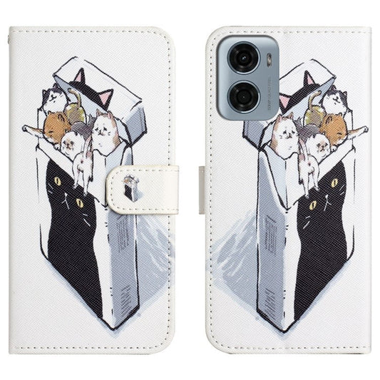 For Motorola Moto E15 4G  /  G05 4G Case Pattern Print PU Leather Wallet Phone Cover Cross Texture - Cats