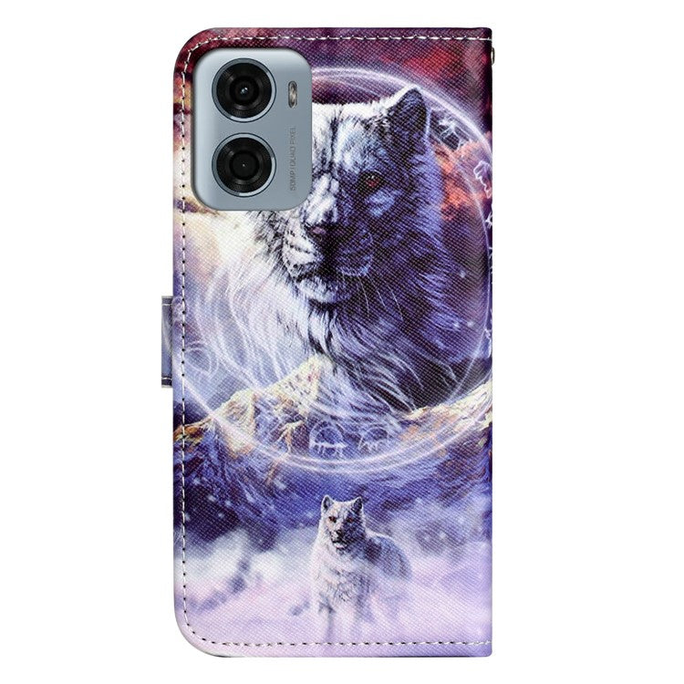 For Motorola Moto E15 4G  /  G05 4G Case Pattern Print PU Leather Wallet Phone Cover Cross Texture - Snow Wolf
