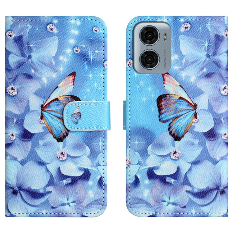 For Motorola Moto E15 4G  /  G05 4G Case Pattern Print PU Leather Wallet Phone Cover Cross Texture - Flower and Butterfly