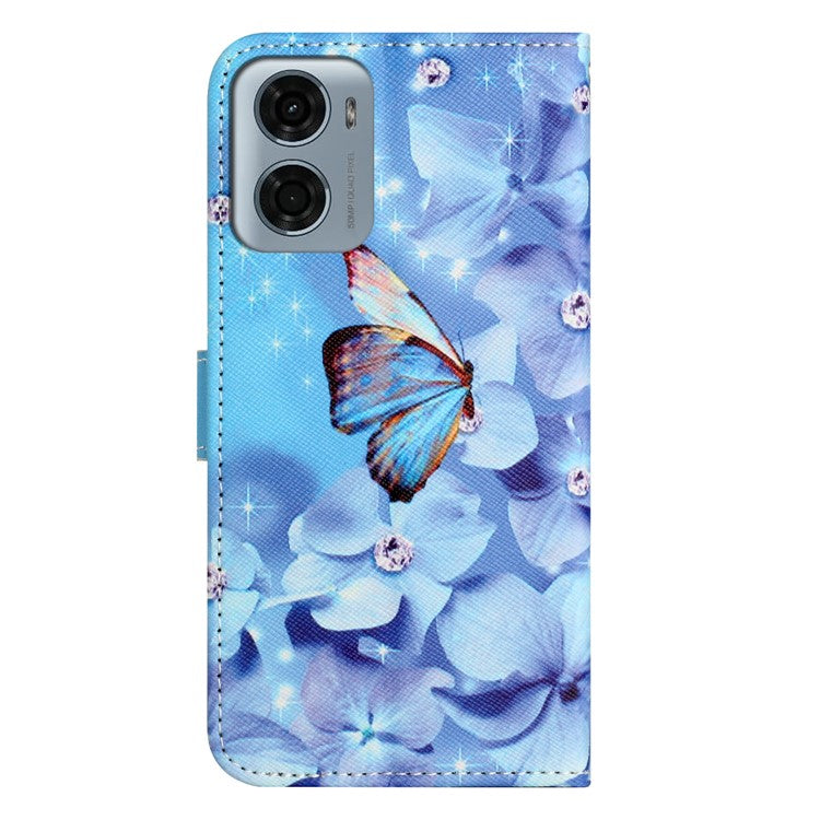 For Motorola Moto E15 4G  /  G05 4G Case Pattern Print PU Leather Wallet Phone Cover Cross Texture - Flower and Butterfly