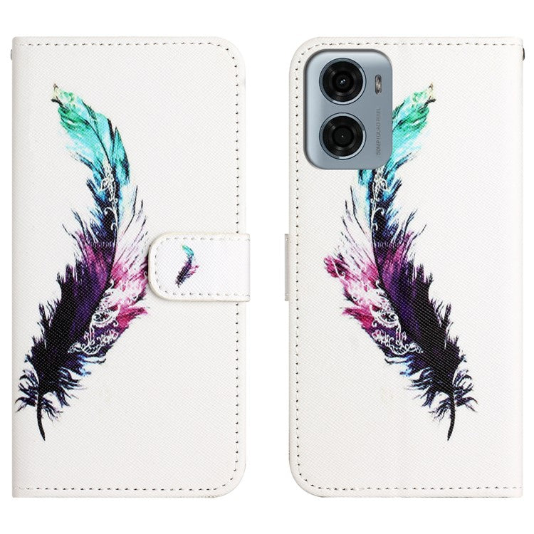 For Motorola Moto E15 4G  /  G05 4G Case Pattern Print PU Leather Wallet Phone Cover Cross Texture - Feather