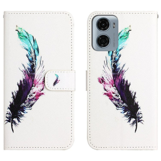 For Motorola Moto E15 4G  /  G05 4G Case Pattern Print PU Leather Wallet Phone Cover Cross Texture - Feather