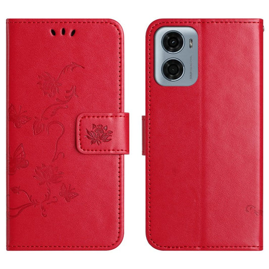 For Motorola Moto E15 4G  /  G05 4G Case Wallet Stand Imprinted Butterfly Flower PU Leather Phone Cover - Red