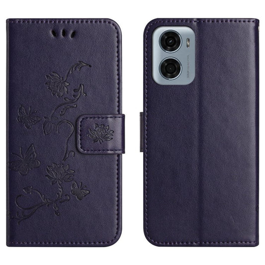 For Motorola Moto E15 4G  /  G05 4G Case Wallet Stand Imprinted Butterfly Flower PU Leather Phone Cover - Dark Blue