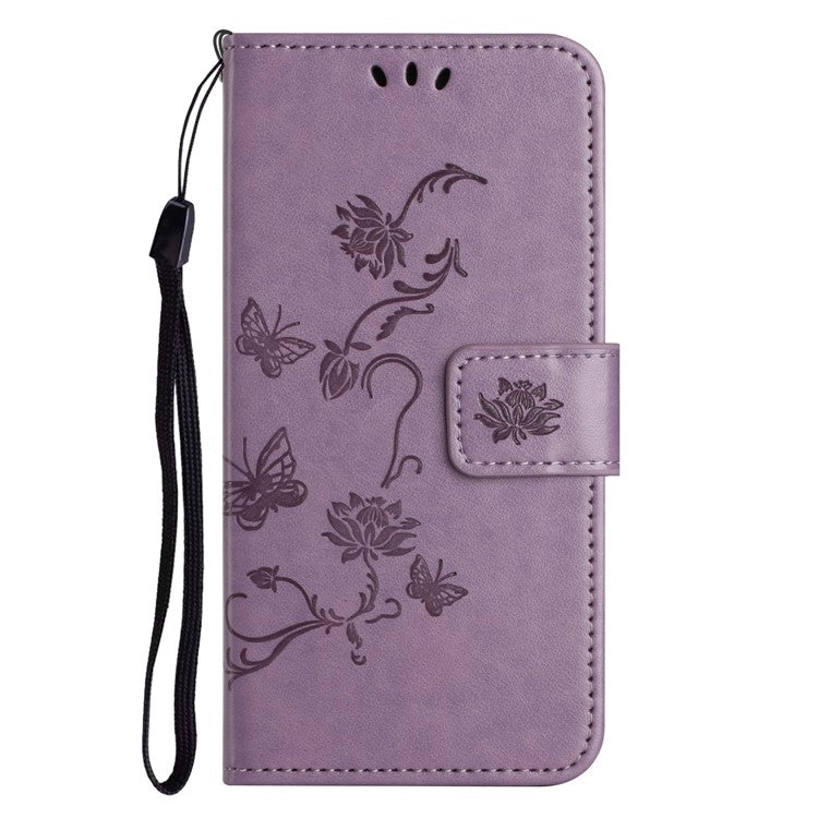 For Motorola Moto E15 4G  /  G05 4G Case Wallet Stand Imprinted Butterfly Flower PU Leather Phone Cover - Purple