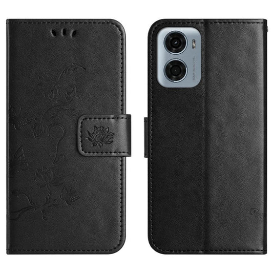 For Motorola Moto E15 4G  /  G05 4G Case Wallet Stand Imprinted Butterfly Flower PU Leather Phone Cover - Black