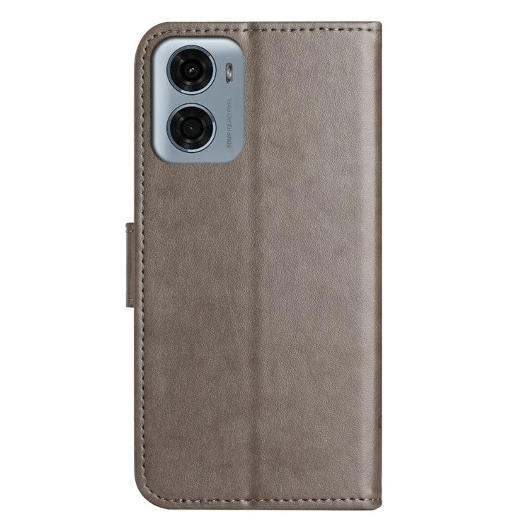 For Motorola Moto E15 4G  /  G05 4G Case Wallet Stand Imprinted Butterfly Flower PU Leather Phone Cover - Grey