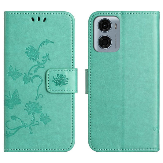 For Motorola Moto E15 4G  /  G05 4G Case Wallet Stand Imprinted Butterfly Flower PU Leather Phone Cover - Cyan