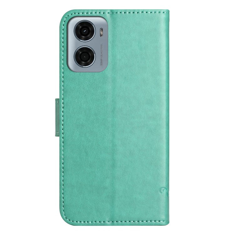 For Motorola Moto E15 4G  /  G05 4G Case Wallet Stand Imprinted Butterfly Flower PU Leather Phone Cover - Cyan