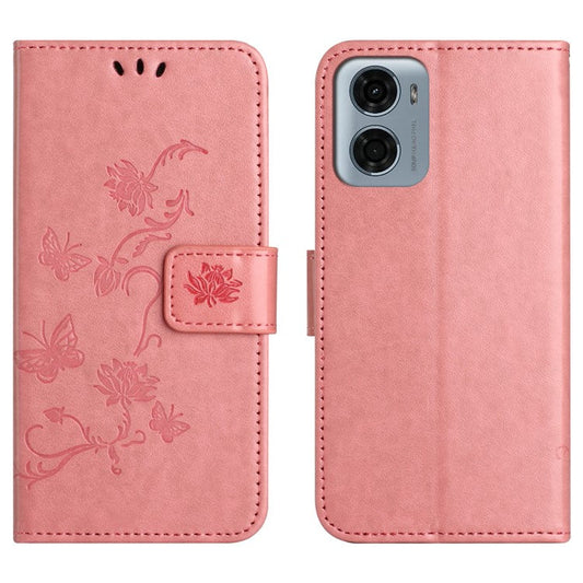 For Motorola Moto E15 4G  /  G05 4G Case Wallet Stand Imprinted Butterfly Flower PU Leather Phone Cover - Pink