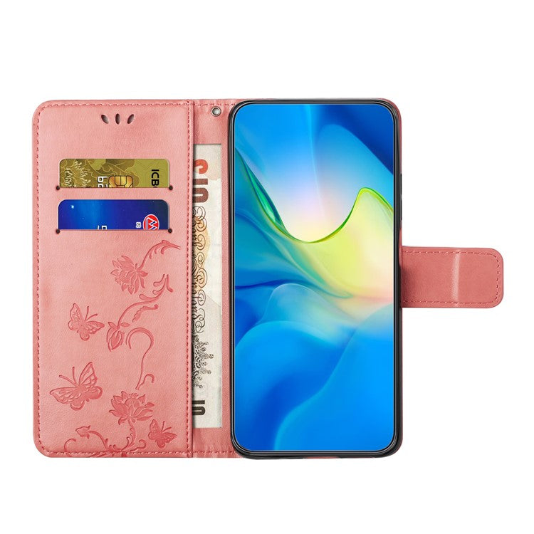 For Motorola Moto E15 4G  /  G05 4G Case Wallet Stand Imprinted Butterfly Flower PU Leather Phone Cover - Pink
