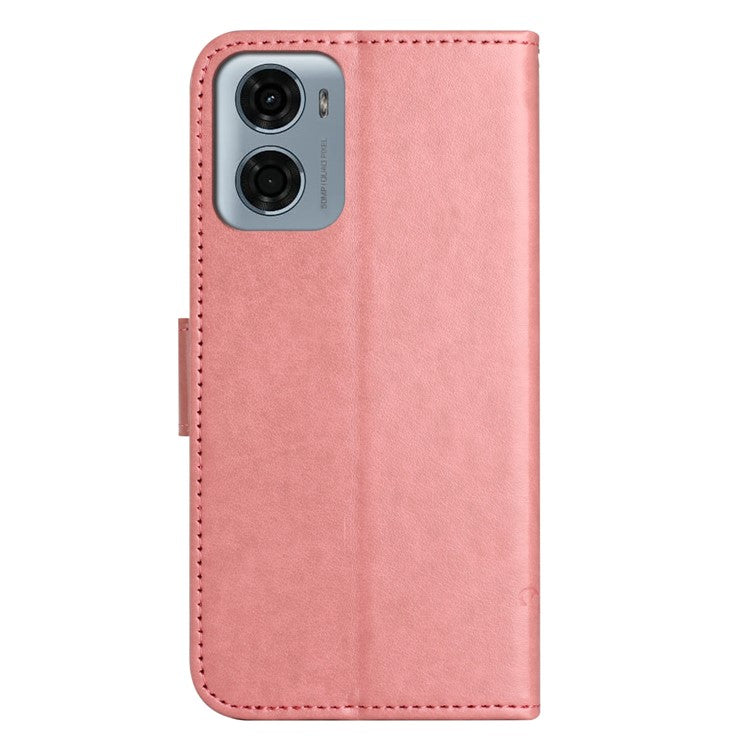 For Motorola Moto E15 4G  /  G05 4G Case Wallet Stand Imprinted Butterfly Flower PU Leather Phone Cover - Pink