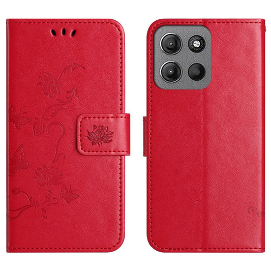 For Motorola Moto G15 4G  /  G15 Power 4G Case Wallet Stand Imprinted Butterfly Flower PU Leather Phone Cover - Red