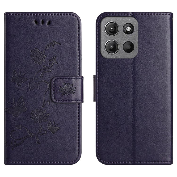 For Motorola Moto G15 4G  /  G15 Power 4G Case Wallet Stand Imprinted Butterfly Flower PU Leather Phone Cover - Dark Blue