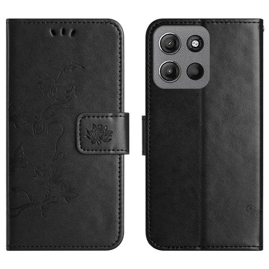 For Motorola Moto G15 4G  /  G15 Power 4G Case Wallet Stand Imprinted Butterfly Flower PU Leather Phone Cover - Black