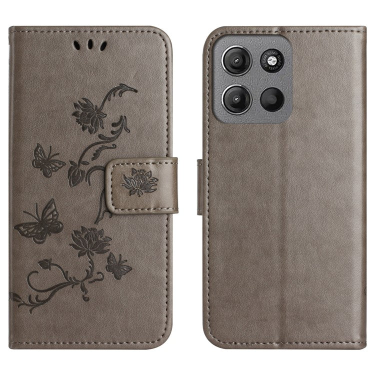 For Motorola Moto G15 4G  /  G15 Power 4G Case Wallet Stand Imprinted Butterfly Flower PU Leather Phone Cover - Grey