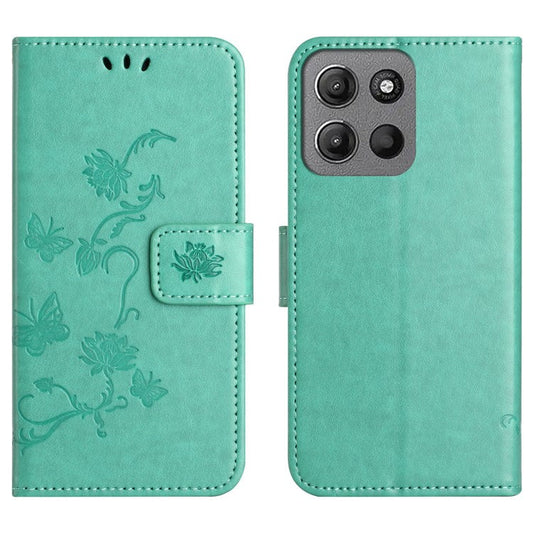 For Motorola Moto G15 4G  /  G15 Power 4G Case Wallet Stand Imprinted Butterfly Flower PU Leather Phone Cover - Cyan