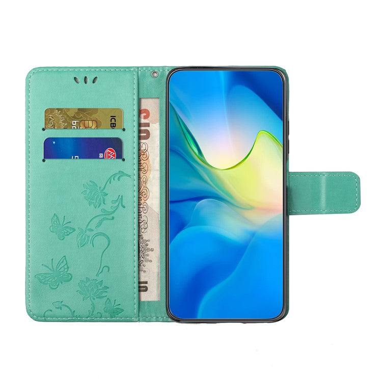 For Motorola Moto G15 4G  /  G15 Power 4G Case Wallet Stand Imprinted Butterfly Flower PU Leather Phone Cover - Cyan