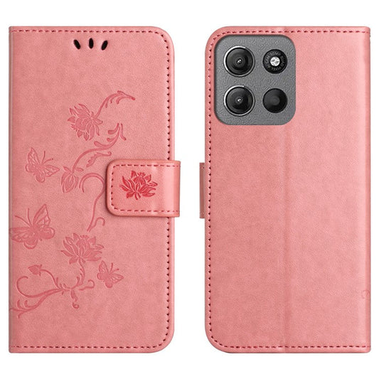 For Motorola Moto G15 4G  /  G15 Power 4G Case Wallet Stand Imprinted Butterfly Flower PU Leather Phone Cover - Pink