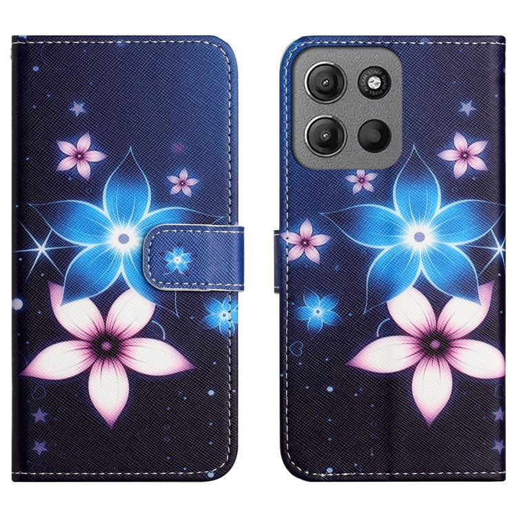 For Motorola Moto G15 4G  /  G15 Power 4G Case Pattern Print PU Leather Wallet Phone Cover Cross Texture - Blue Flower