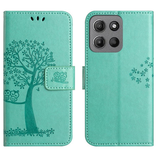 For Motorola Moto G15 4G  /  G15 Power 4G Case PU Leather Owl Tree Imprinted Wallet Phone Cover - Cyan