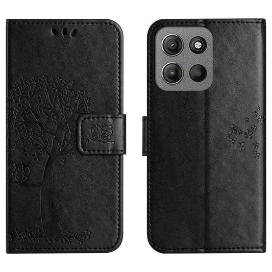 For Motorola Moto G15 4G  /  G15 Power 4G Case PU Leather Owl Tree Imprinted Wallet Phone Cover - Black