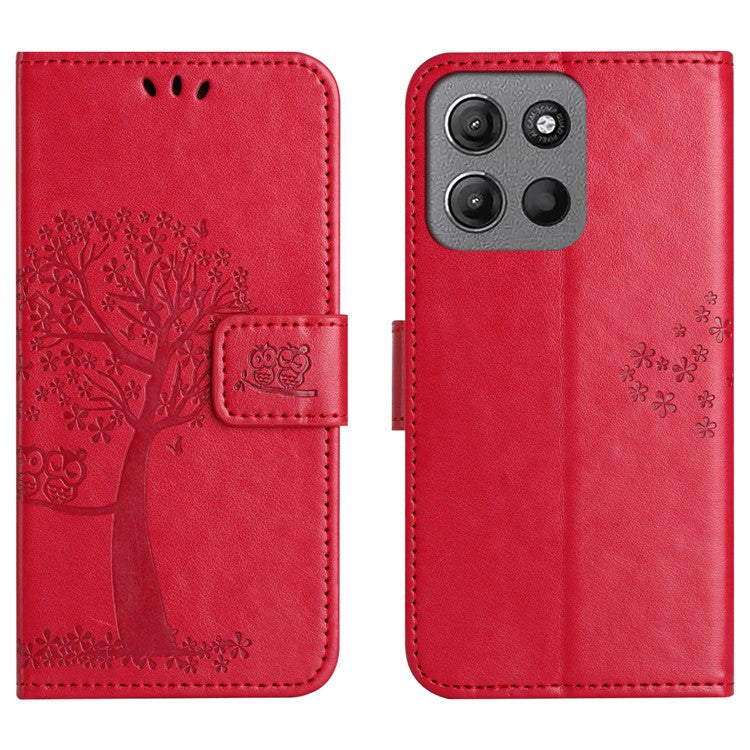 For Motorola Moto G15 4G  /  G15 Power 4G Case PU Leather Owl Tree Imprinted Wallet Phone Cover - Red