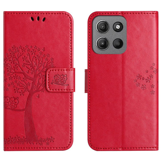 For Motorola Moto G15 4G  /  G15 Power 4G Case PU Leather Owl Tree Imprinted Wallet Phone Cover - Red