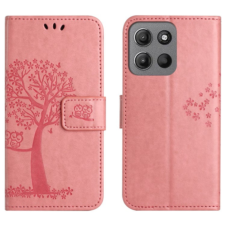 For Motorola Moto G15 4G  /  G15 Power 4G Case PU Leather Owl Tree Imprinted Wallet Phone Cover - Pink