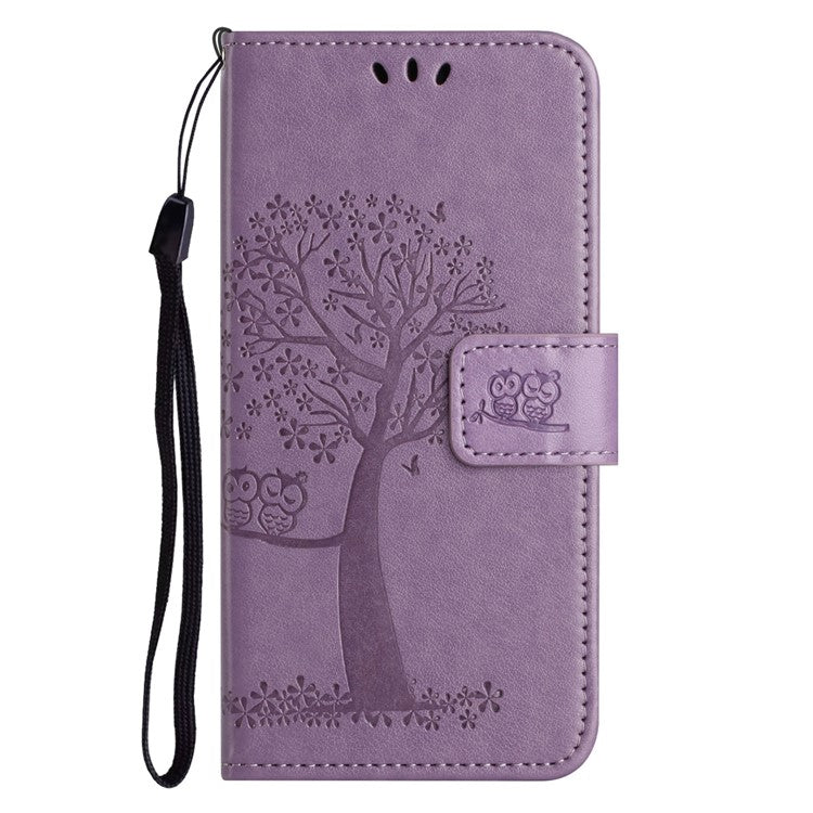 For Motorola Moto G15 4G  /  G15 Power 4G Case PU Leather Owl Tree Imprinted Wallet Phone Cover - Purple