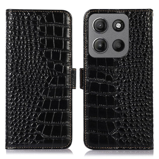 For Motorola Moto G15 4G  /  G05 4G Case Crocodile Texture Genuine Cow Leather Phone Wallet Cover - Black