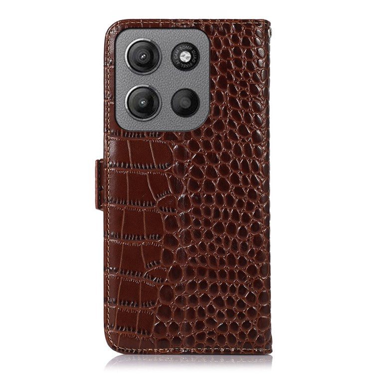 For Motorola Moto G15 4G  /  G05 4G Case Crocodile Texture Genuine Cow Leather Phone Wallet Cover - Brown