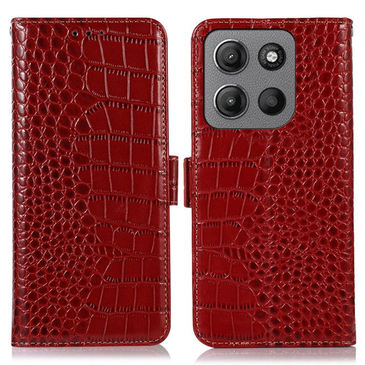 For Motorola Moto G15 4G  /  G05 4G Case Crocodile Texture Genuine Cow Leather Phone Wallet Cover - Red