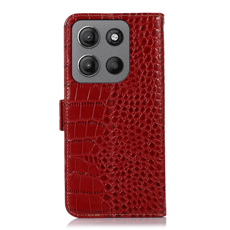 For Motorola Moto G15 4G  /  G05 4G Case Crocodile Texture Genuine Cow Leather Phone Wallet Cover - Red