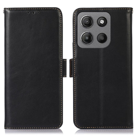 For Motorola Moto G15 4G  /  G05 4G Case RFID Blocking Genuine Cow Leather Wallet Phone Cover - Black