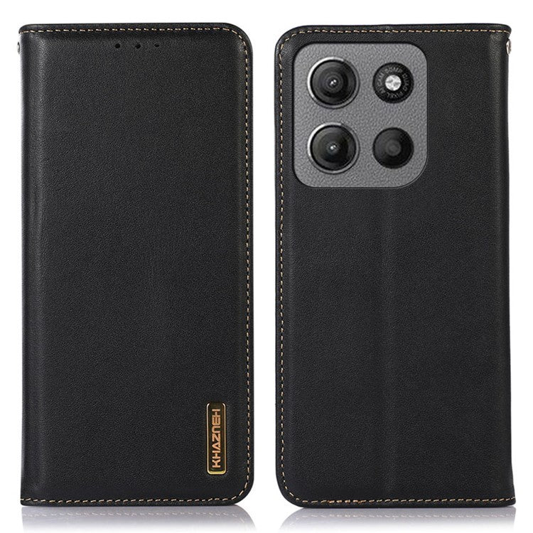 KHAZNEH For Motorola Moto G15 4G  /  G05 4G Case Genuine Cow Leather Wallet Phone Cover Nappa Texture - Black