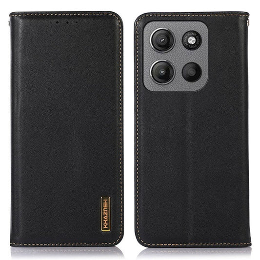 KHAZNEH For Motorola Moto G15 4G  /  G05 4G Case Genuine Cow Leather Wallet Phone Cover Nappa Texture - Black