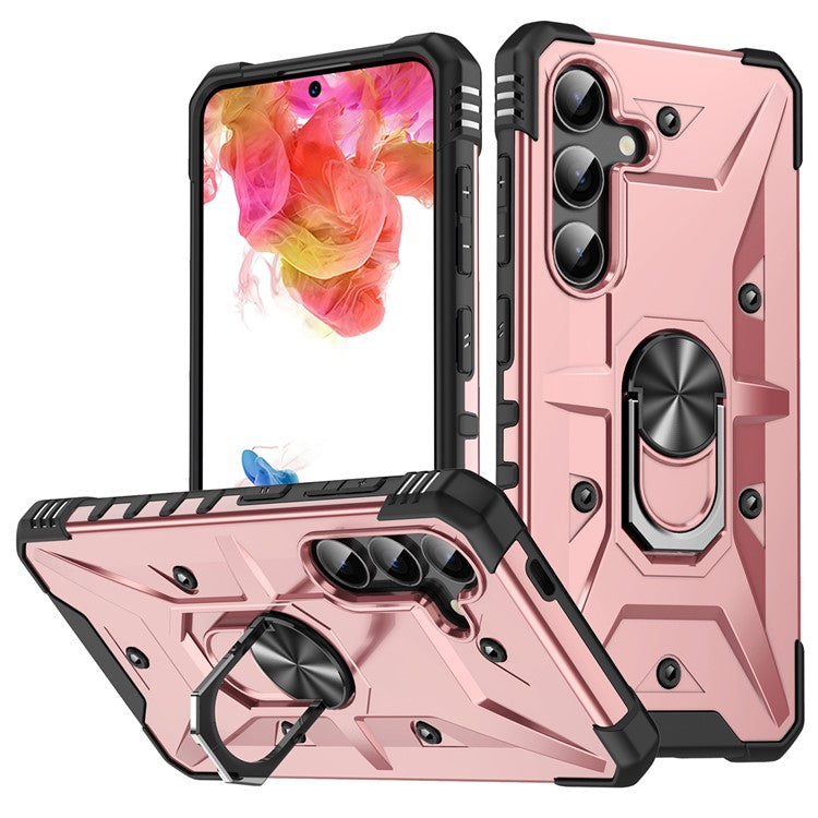 For Samsung Galaxy S25+ Case PC+ TPU Anti-Drop Phone Cover with Ring Kickstand - Rose Gold