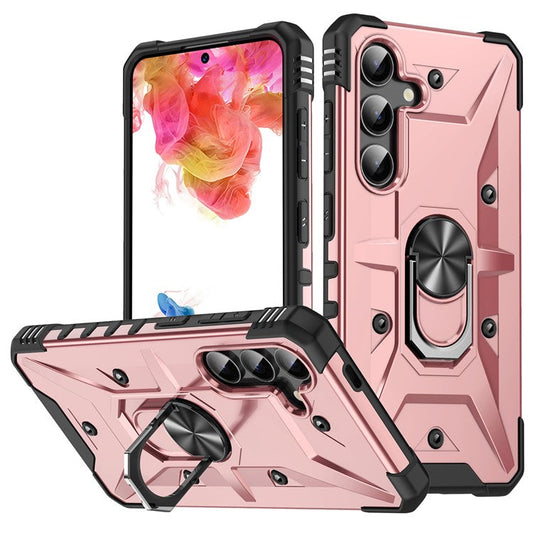 For Samsung Galaxy S25+ Case PC+ TPU Anti-Drop Phone Cover with Ring Kickstand - Rose Gold